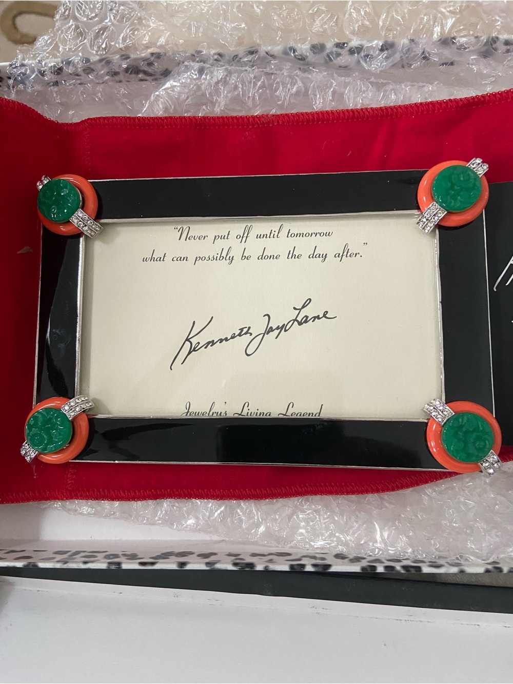 Kenneth Jay Lane Blue Frame with Green and Coral Accents. New with box & sleeve